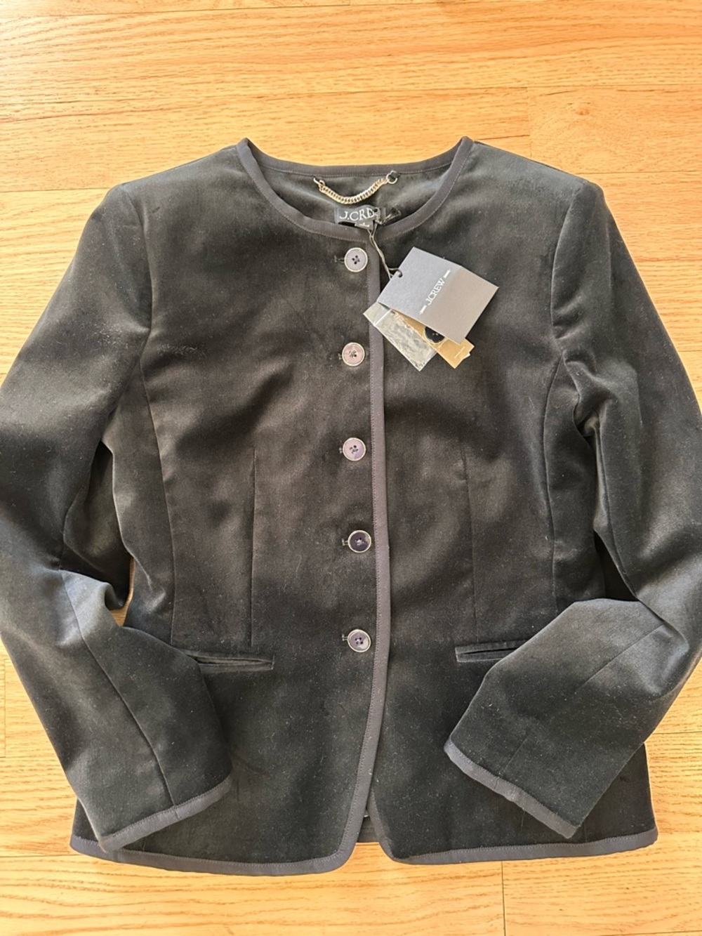 J. Crew Black Velvet Collarless Button Jacket